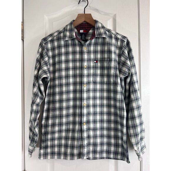 Vintage Tommy Hilfiger Flannel Shirt Green Navy Plaid Men's L (Pit to Pit 19") - Picture 1 of 12